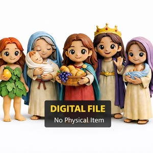 Op de afbeelding: Een groep van vijf cartoonfiguren, elk met een bijbelse figuur. De figuren zijn in verschillende kleuren, waaronder groen, blauw, rood en paars. De tekst "DIGITAL FILE No Physical Item" wordt weergegeven op een zwarte rechthoek.