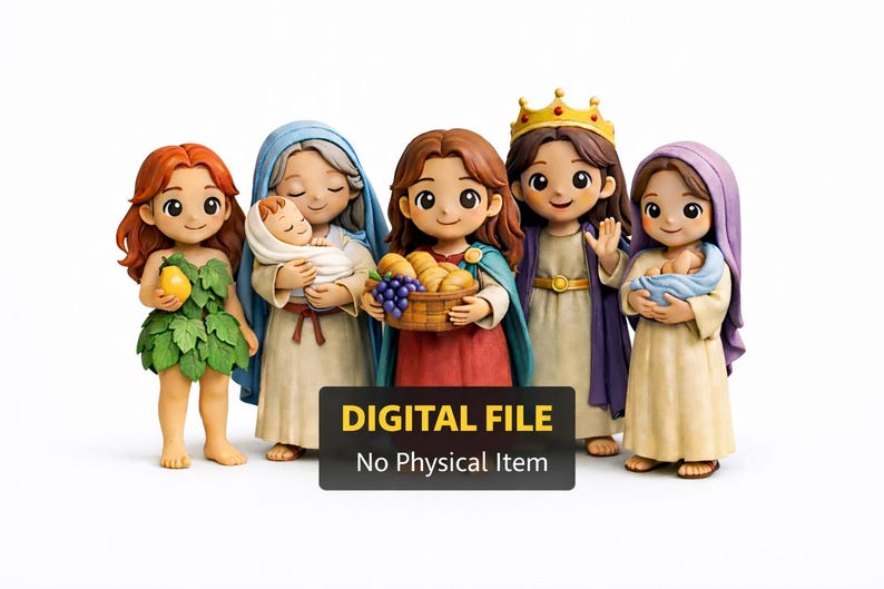 Op de afbeelding: Een groep van vijf cartoonfiguren, elk met een bijbelse figuur. De figuren zijn in verschillende kleuren, waaronder groen, blauw, rood en paars. De tekst "DIGITAL FILE No Physical Item" wordt weergegeven op een zwarte rechthoek.