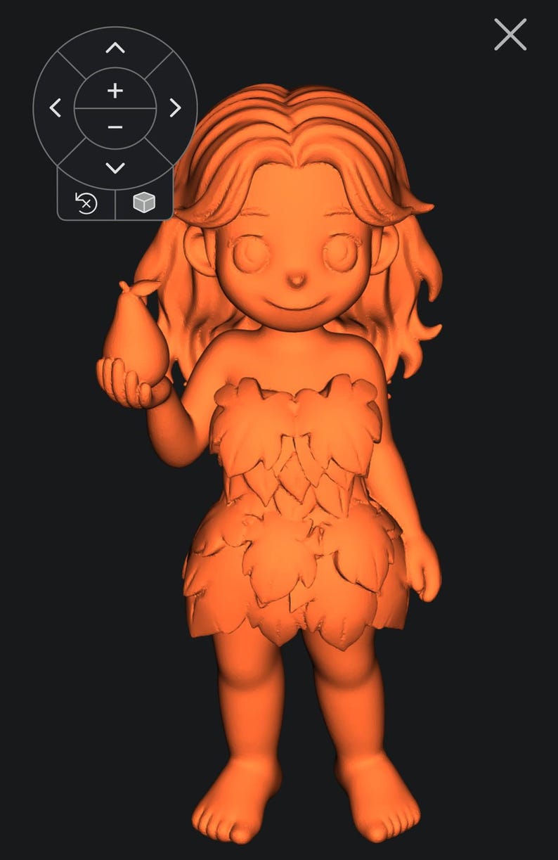 Op de afbeelding: Een 3D-ge&euml;ngageerde oranje figuur van een cartoonachtig personage. De figuur heeft lang haar, een bladachtig jurkje en houdt een peer vast. De achtergrond is effen zwart.