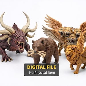 May include: A collection of fantasy creature figurines. Includes a dragon, a bear holding bones, a winged leopard, and a winged lion. The figurines are in shades of brown, red, and tan. The image includes the text "DIGITAL FILE No Physical Item."