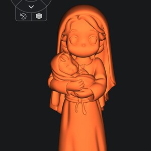Op de afbeelding: Een 3D-ge&euml;ngageerde oranje figuur van een vrouw die een baby vasthoudt. De vrouw draagt een lange jurk en een hoofdbedekking. De baby is in een deken gewikkeld. Het beeldje heeft een cartoonachtige stijl en staat tegen een donkere achtergrond.