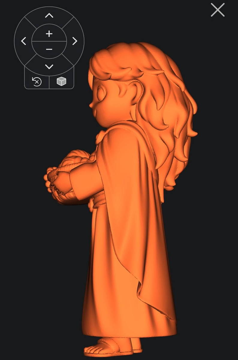 Op de afbeelding: 3D-geprinte beeldje van een persoon in een vloeiende jurk, die een object vasthoudt. De figuur heeft lang, golvend haar en is weergegeven in een effen oranje kleur. Het ontwerp is een zijaanzicht, met een donkere achtergrond.