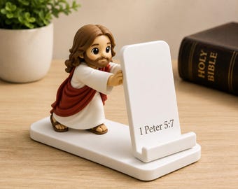 Jesus Phone/Tablet Holder | Chibi Style 1 Peter 5:7 Christian Gift