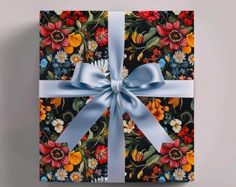 Gift Wrap Papers - Painterly Maximalist Colorful Florals on Black Background, Floral Wrapping Paper, Gift Wrap Sheets, Floral Gift Wrap,