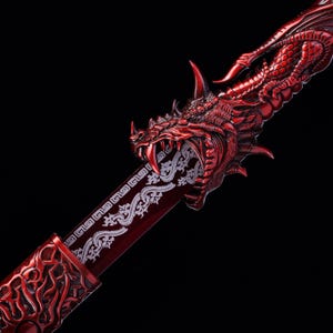 Könnte beinhalten: Ein metallisch rotes Schwert mit einem detaillierten Drachenkopf-Griff, scharfen Zähnen und Hörnern. Die Klinge ist dunkelrot mit einem weißen Ätzmuster aus sich wiederholenden Drachenfiguren und einem geometrischen Rand. Die Scheide ist flammenartig.