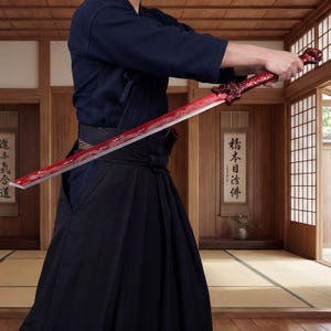 May include: A red and silver katana-style sword with ornate dragon detailing on the handle and blade. The sword is held by a person wearing a dark blue top and black hakama pants. The background features traditional Japanese decor.
