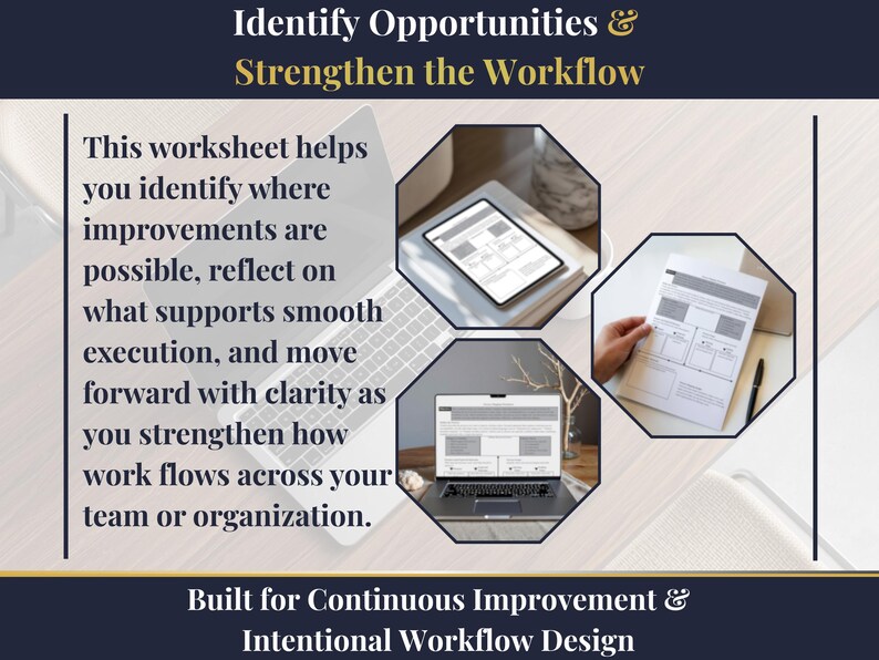 May include: An image with the text "Identify Opportunities & Strengthen the Workflow." The image includes a laptop, tablet, and a worksheet with a pen. The text on the image says "Built for Continuous Improvement & Intentional Workflow Design."