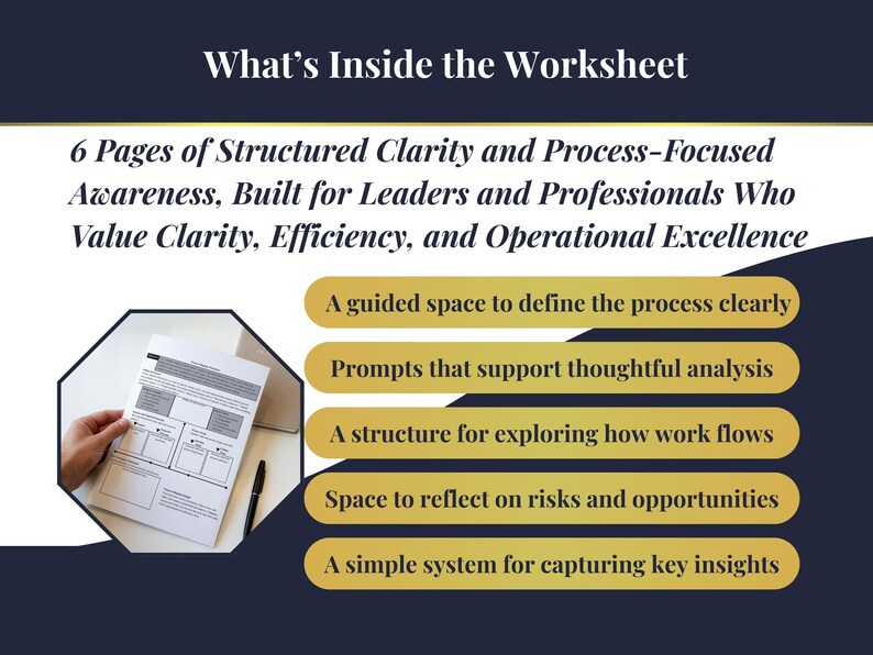 May include: Image of a worksheet with the title "What's Inside the Worksheet." The text describes 6 pages of structured clarity and process-focused awareness. The worksheet includes a guided space, prompts, a structure, space to reflect, and a simple system.