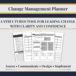 May include: A Change Management Planner with the text "Change Management Planner" at the top. The image shows several sheets of paper with structured templates for leading change. The text "A Structured Tool for Leading Change with Clarity and Confidence" is also visible.
