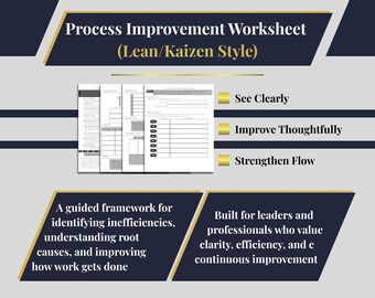 Process Improvement Worksheet (Lean/Kaizen Style) - Workflow Clarity & Continuous Improvement Tool (Printable + Digital PDF)