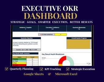 Panel de control de OKR ejecutivos / Planificador de negocios y panel de control de KPI / Sistema de planificación trimestral / Excel y Google Sheets