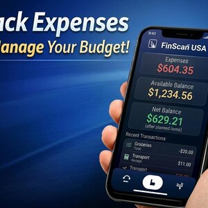 May include: A smartphone displaying a financial app interface with the text "Track Expenses & Manage Your Budget!". The app shows expenses, available balance, and net balance. The screen also lists recent transactions.