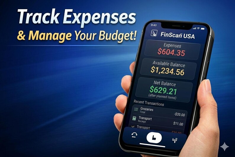 May include: A smartphone displaying a financial app interface with the text "Track Expenses & Manage Your Budget!". The app shows expenses, available balance, and net balance. The screen also lists recent transactions.