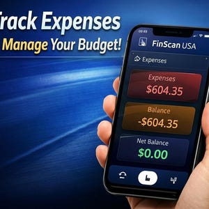 May include: A smartphone displaying the FinScan USA app, with the text "Track Expenses & Manage Your Budget!" in white and yellow. The app shows expense and balance information, with a net balance of $0.00.