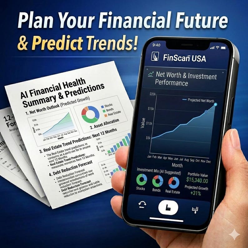 May include: A smartphone displays a financial app interface with charts and data, held in a hand. The app, FinScan USA, shows net worth and investment performance. Documents with financial predictions are in the background. Text reads: Plan Your Financial Future & Predict Trends!