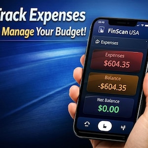 May include: A smartphone displaying the FinScan USA app, with the text "Track Expenses & Manage Your Budget!" The screen shows expense and balance information, with a net balance of $0.00. The background is a gradient of blue.