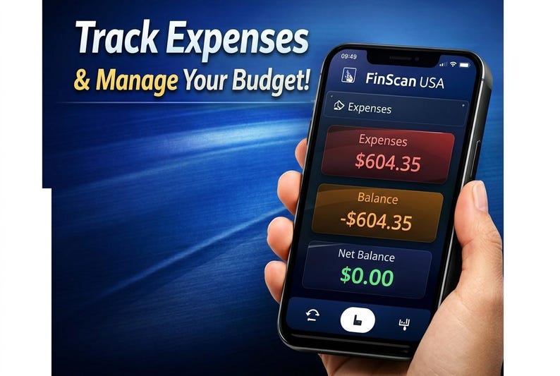 May include: A smartphone displaying the FinScan USA app, with the text "Track Expenses & Manage Your Budget!" The screen shows expense and balance information, with a net balance of $0.00. The background is a gradient of blue.