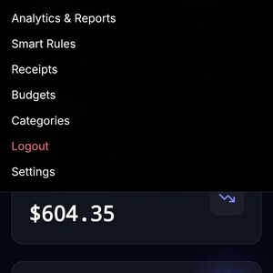 May include: Screenshot of a mobile app interface for FinScan USA, displaying financial data. The screen shows a menu with options like Dashboard, Transactions, and Logout. The net balance is -$604.35. There are buttons for adding and taking photos.