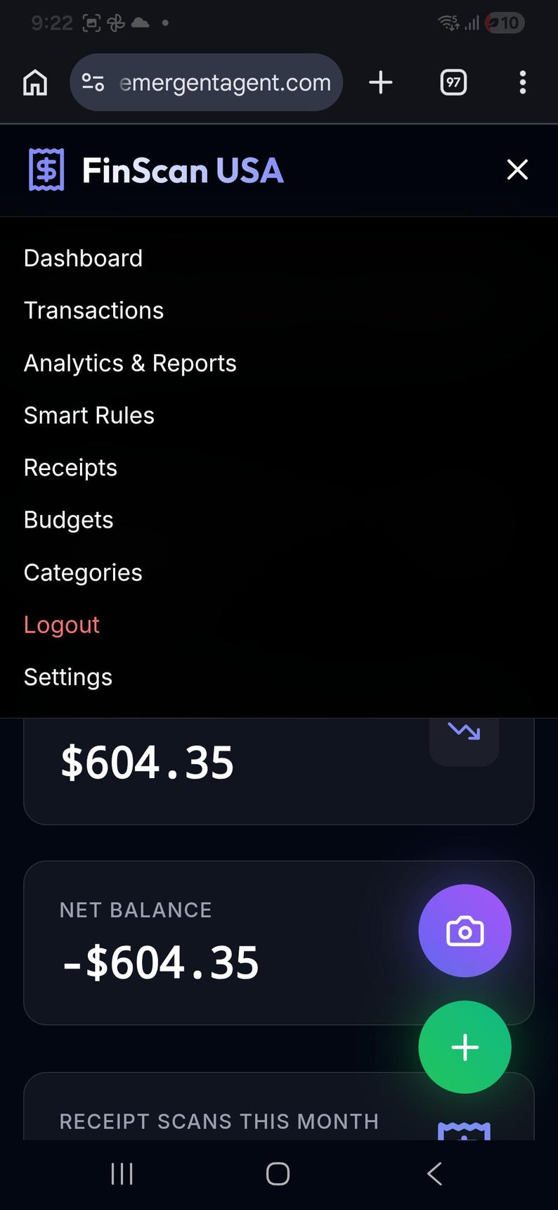 May include: Screenshot of a mobile app interface for FinScan USA, displaying financial data. The screen shows a menu with options like Dashboard, Transactions, and Logout. The net balance is -$604.35. There are buttons for adding and taking photos.