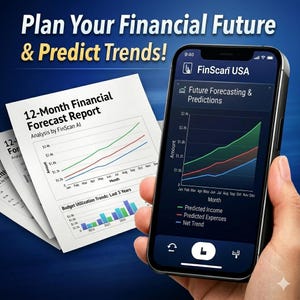 May include: A smartphone displays a financial forecasting app, showing charts and graphs with data analysis. The app, "FinScan USA," presents predicted income, expenses, and net trends. Text at the top reads, "Plan Your Financial Future & Predict Trends!"