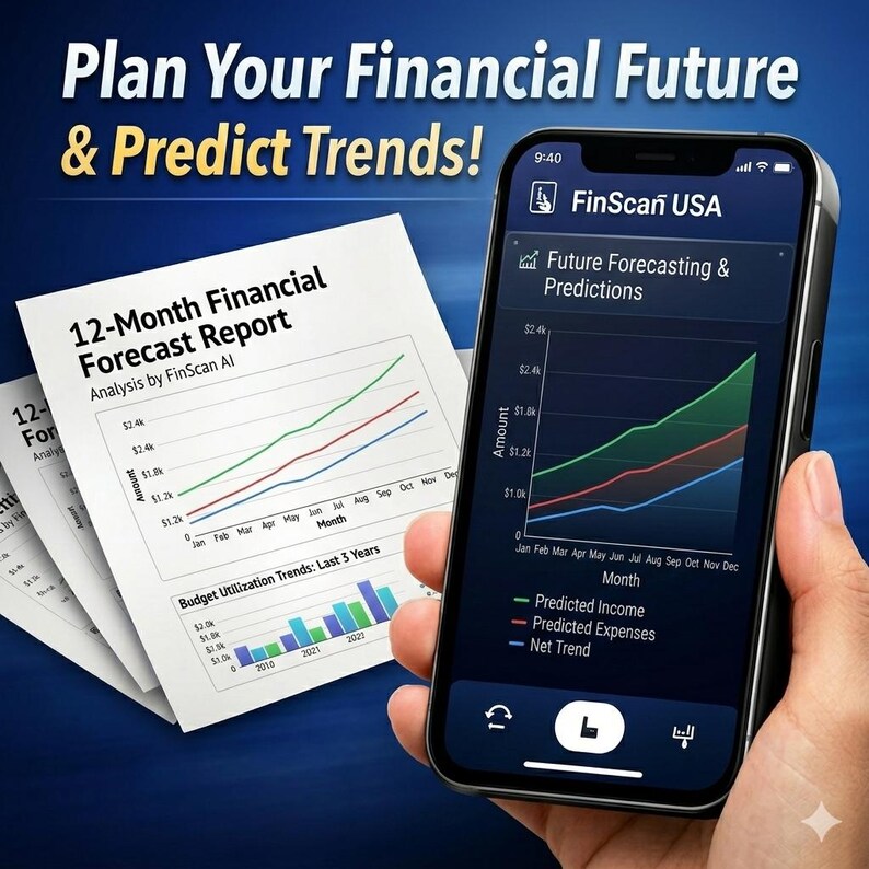 May include: A smartphone displays a financial forecasting app, showing charts and graphs with data analysis. The app, "FinScan USA," presents predicted income, expenses, and net trends. Text at the top reads, "Plan Your Financial Future & Predict Trends!"