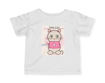 Cute Cartoon Cat Illustration Infant Tee | Pink Kitten, Milk Bottle