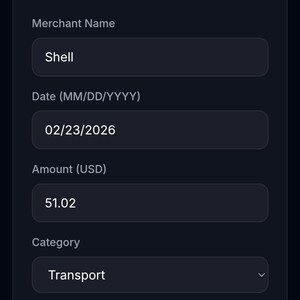 May include: Screenshot of a mobile app interface for FinScan USA, displaying a receipt review form. Fields include merchant name "Shell", date 02/23/2026, amount $51.02, and category "Transport". Buttons for "Cancel" and "Save Receipt".