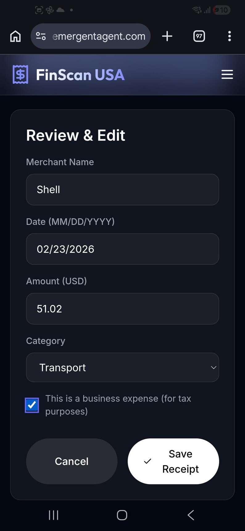 May include: Screenshot of a mobile app interface for FinScan USA, displaying a receipt review form. Fields include merchant name "Shell", date 02/23/2026, amount $51.02, and category "Transport". Buttons for "Cancel" and "Save Receipt".