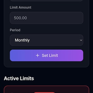 May include: A mobile app interface for FinScan USA, displaying a budget limit setting for groceries. The app shows a monthly limit of $500.00, with a current spending of $176.68 exceeding a $20.00 limit, indicated by a warning.