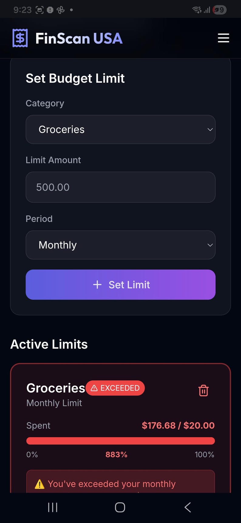 May include: A mobile app interface for FinScan USA, displaying a budget limit setting for groceries. The app shows a monthly limit of $500.00, with a current spending of $176.68 exceeding a $20.00 limit, indicated by a warning.