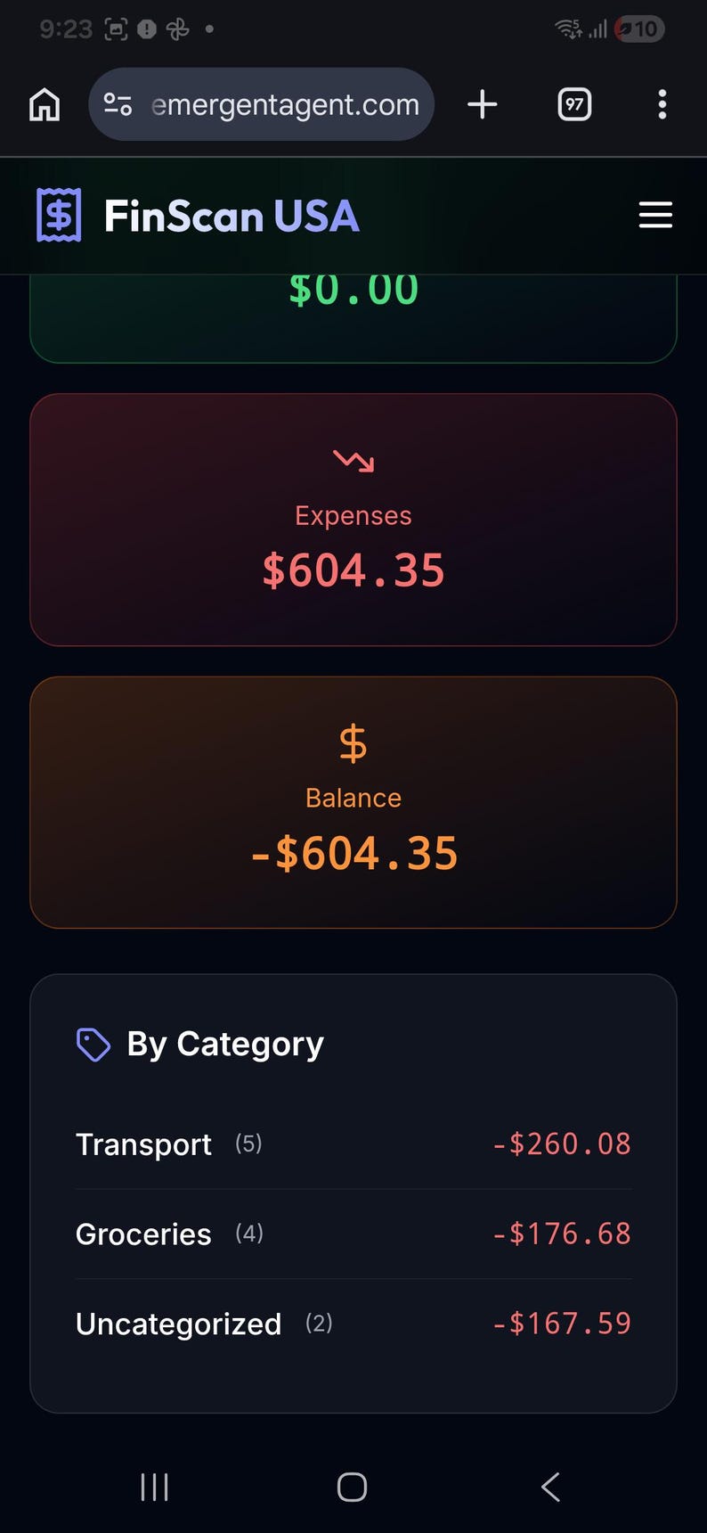 May include: A mobile app interface displaying financial data. The top section shows "FinScan USA" and a balance of $0.00. Below are expense and balance summaries, along with a breakdown by category, including transport, groceries, and uncategorized expenses.