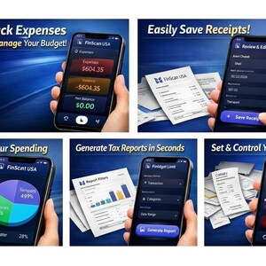 May include: A series of images showcasing a mobile app, FinScan USA, designed for financial management. The app allows users to track expenses, save receipts, visualize spending, generate tax reports, and set budgets. The app's interface is displayed on smartphones.