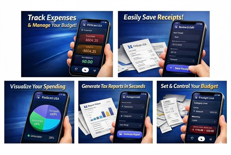 May include: A series of images showcasing a mobile app, FinScan USA, designed for financial management. The app allows users to track expenses, save receipts, visualize spending, generate tax reports, and set budgets. The app's interface is displayed on smartphones.