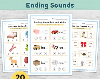 Ending Sounds Worksheets for Preschool & Kindergarten, Phonics Activities, 20 Printable Pages PDF