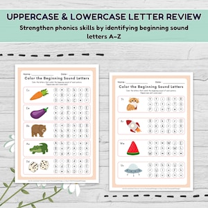 May include: Two worksheets for learning the alphabet. The top of the page reads "UPPERCASE & LOWERCASE LETTER REVIEW" and "Strengthen phonics skills by identifying beginning sound letters A-Z". The worksheets are titled "Color the Beginning Sound Letters".