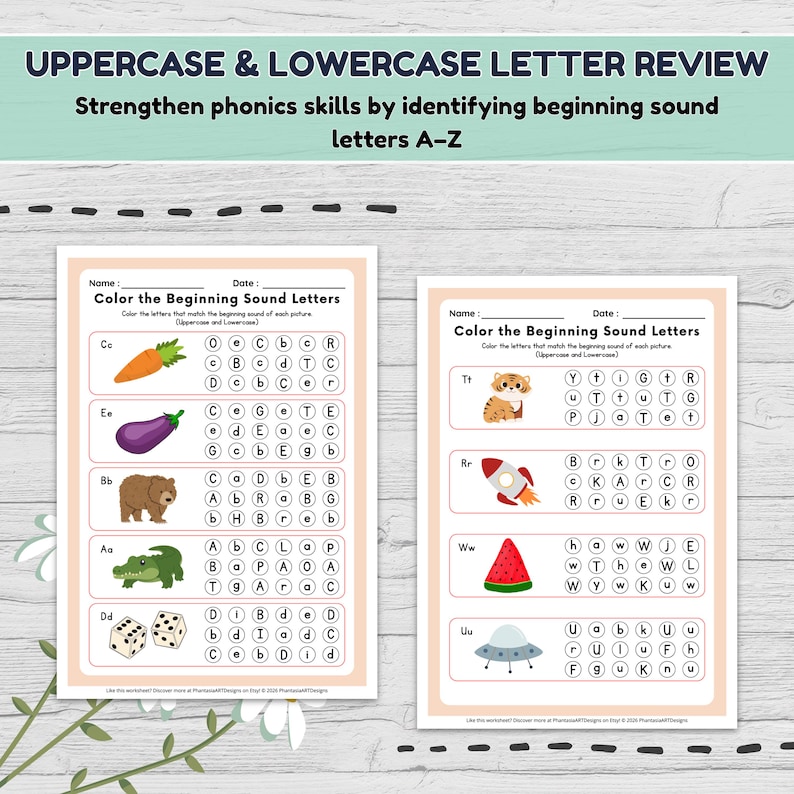 May include: Two worksheets for learning the alphabet. The top of the page reads "UPPERCASE & LOWERCASE LETTER REVIEW" and "Strengthen phonics skills by identifying beginning sound letters A-Z". The worksheets are titled "Color the Beginning Sound Letters".