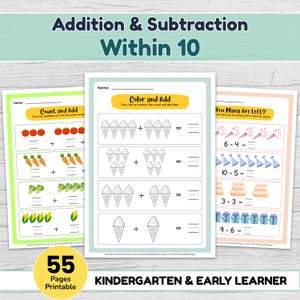 Additions- och subtraktionsarbetsblad inom 10 | Matematikaktiviteter för förskolebarn och småbarn | Utskrivbar PDF