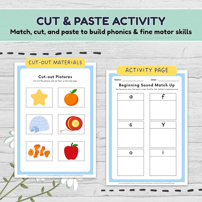 May include: A children's educational activity sheet with the text "CUT & PASTE ACTIVITY". The sheet includes cut-out pictures of a star, orange, igloo, yo-yo, fish, and apple. The activity page has boxes for matching beginning sounds.