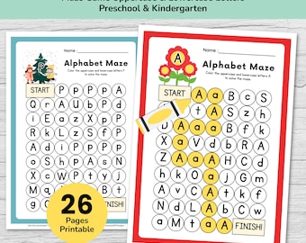 Alphabet Maze Worksheets Printable PDF - ABC Letter Recognition Activity for Preschool & Kindergarten Homeschool Learning