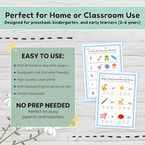 May include: Educational printables for preschool and kindergarten. The image shows two worksheets with colorful illustrations and text prompts. The worksheets are designed for early learners aged 3-6 years old. The text on the image says "Easy to use" and "No prep needed".