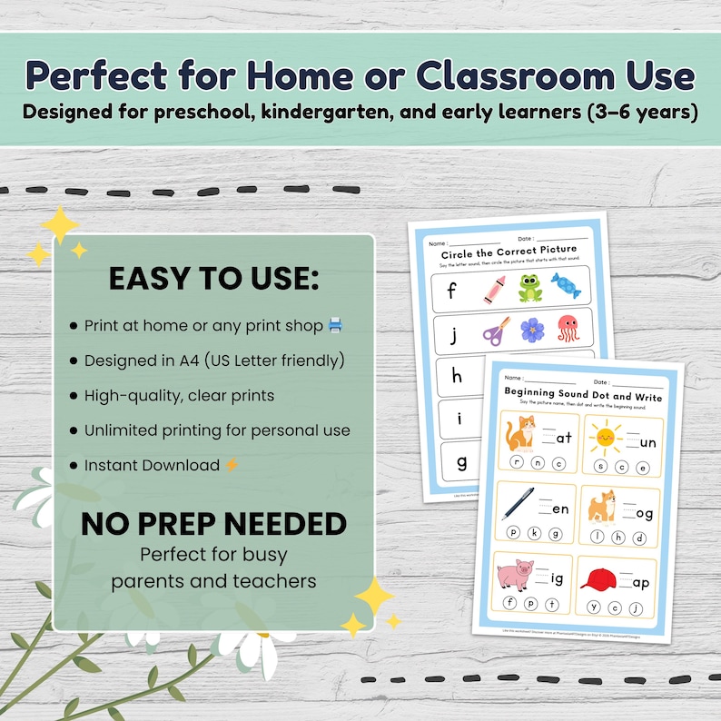 May include: Educational printables for preschool and kindergarten. The image shows two worksheets with colorful illustrations and text prompts. The worksheets are designed for early learners aged 3-6 years old. The text on the image says "Easy to use" and "No prep needed".