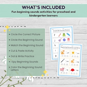 May include: Educational worksheets for preschool and kindergarten learners. The image shows two blue worksheets with activities like "Circle the Correct Picture" and "Beginning Sound Dot and Write". The text "WHAT'S INCLUDED" is at the top.