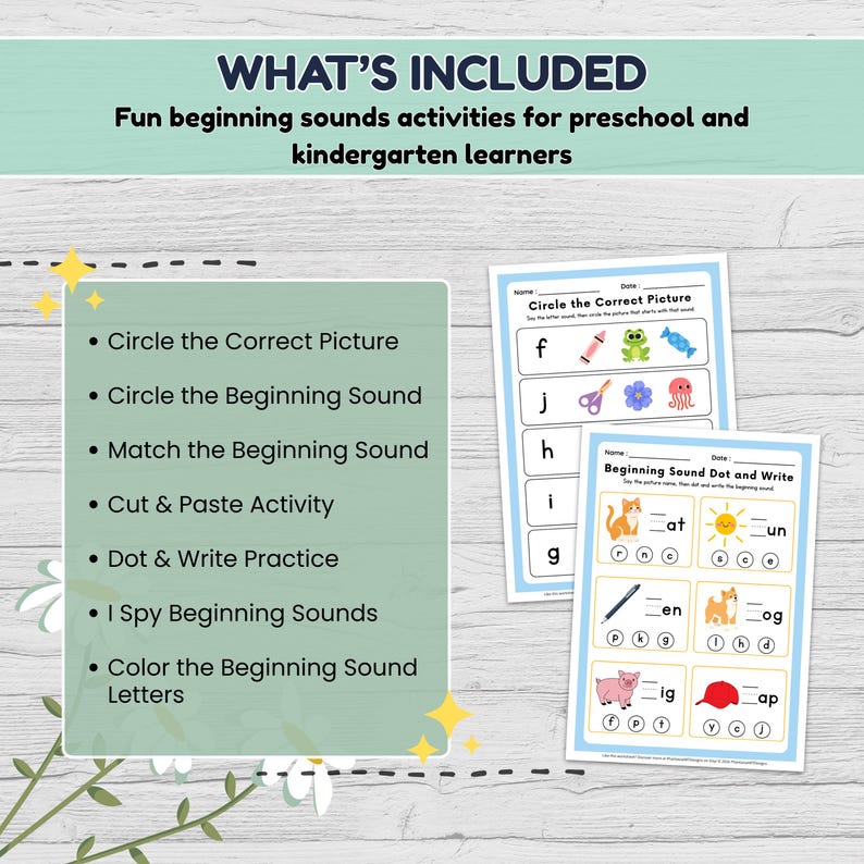 May include: Educational worksheets for preschool and kindergarten learners. The image shows two blue worksheets with activities like "Circle the Correct Picture" and "Beginning Sound Dot and Write". The text "WHAT'S INCLUDED" is at the top.