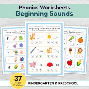 Fichas de trabajo sobre sonidos iniciales para preescolar y jardín de infancia, actividades de fonética, 37 páginas imprimibles en PDF.