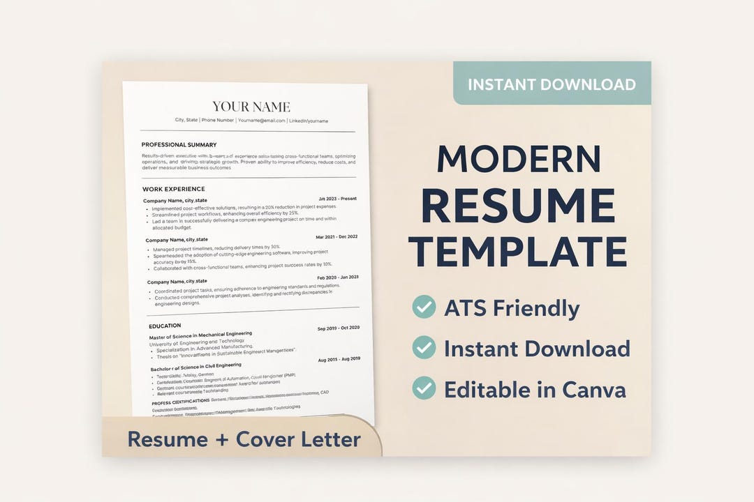 Modern Resume Template | ATS Friendly CV | Editable Canva Resume ...