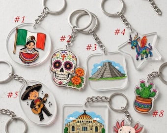 Porte-clés acrylique sur le thème du Mexique, tête de mort en sucre et porte-clés axolotl, cadeau Cinco de Mayo, souvenir de voyage unique, breloque de sac fait main