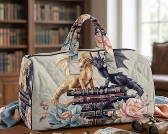 Sac de voyage pour amoureux des livres dragon, sac de sport matelassé week-end, fourre-tout de lecture Fantasy, sac de nuit dragon floral, cadeau rat de bibliothèque