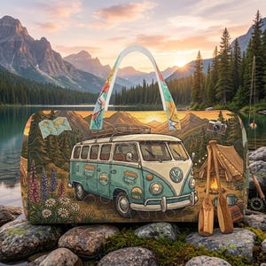 May include: A tote bag featuring a scenic camping design with a vintage blue and white van, a tent, and a lake scene. The bag has a colorful handle and is set against a backdrop of mountains and a sunset.