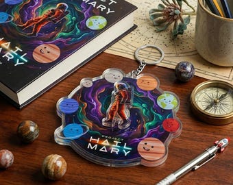 Porte-clés en acrylique inspiré du projet Je vous salue, Marie avec breloque en rotation, breloque planète astronaute, cadeau lecteur de science-fiction, cadeau pour amoureux des livres