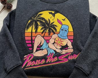 Sudadera bordada "Alabado sea el sol", sudadera con capucha divertida con meme de caballero, suéter retro para gamers, regalo para gamers de fantasía oscura, jersey vintage con estampado de sol.